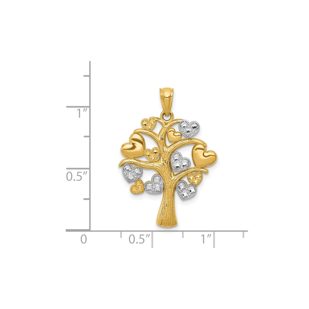 14k Yellow Gold and Rhodium Tree of Life Pendant with Heart Accents