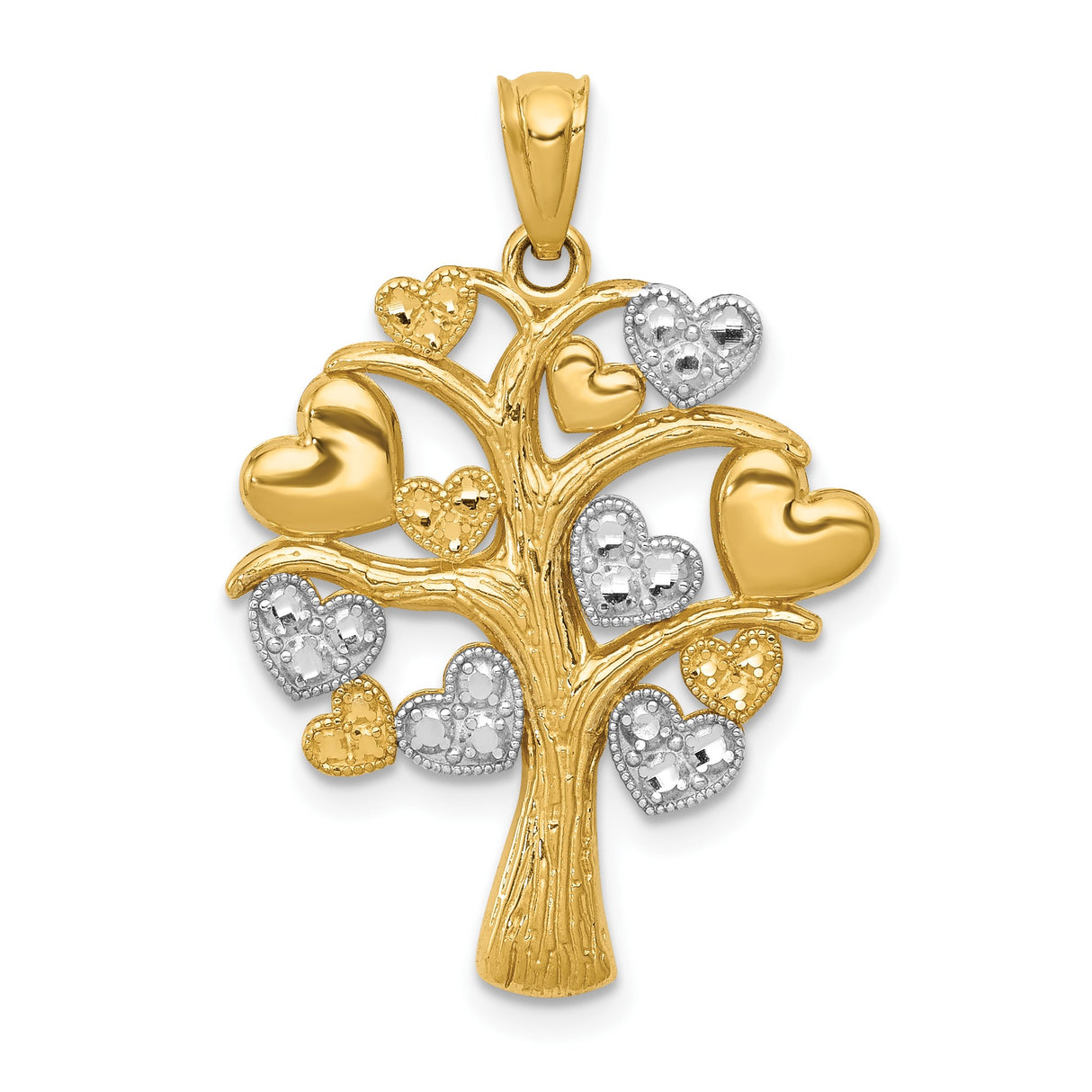 14k Yellow Gold and Rhodium Tree of Life Pendant with Heart Accents