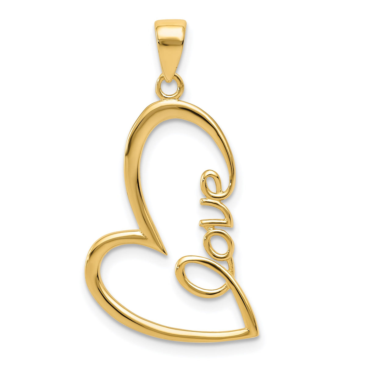 14k Yellow Gold Heart Pendant with Cursive Love Script, Romantic Open Heart Design for Women