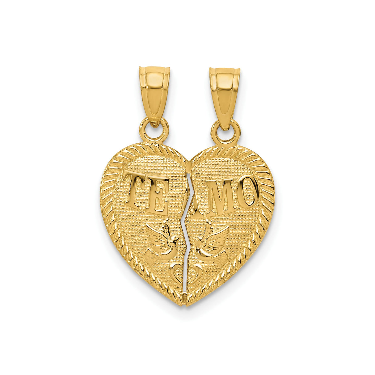 14k Yellow Gold Breakable Heart Pendant with Te Amo and Dove Motifs for Couples