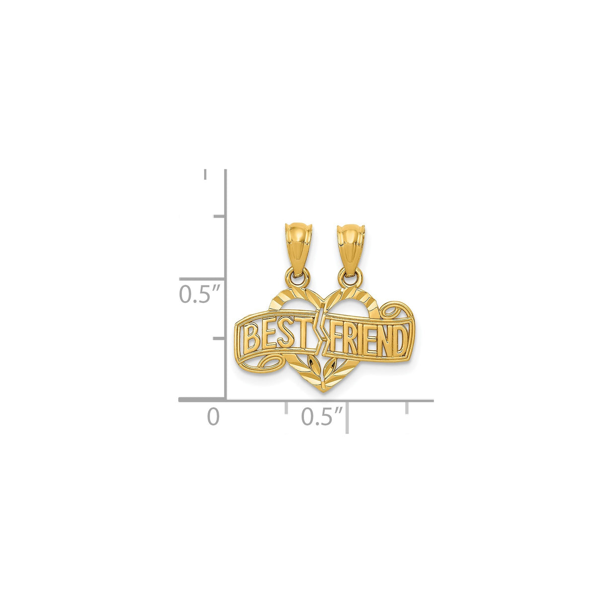 14k Yellow Gold Heart Split Pendant, Leaf Motif Friendship Charm, Unisex Jewelry