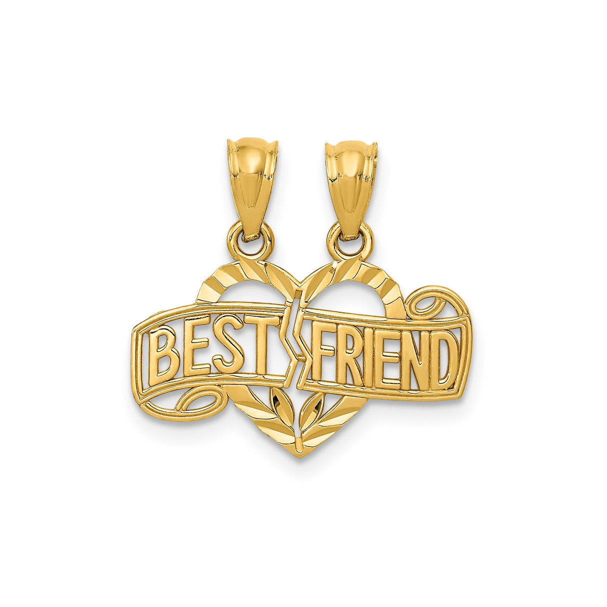 14k Yellow Gold Heart Split Pendant, Leaf Motif Friendship Charm, Unisex Jewelry