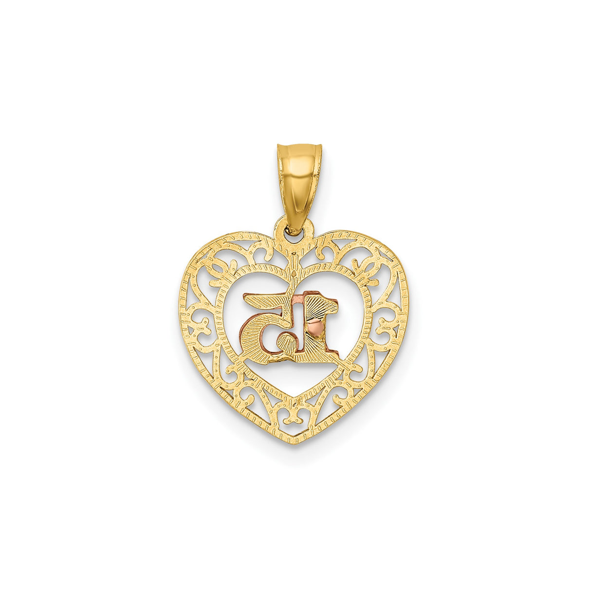 14k Two-Tone Gold Quinceañera Pendant with Rose Gold Number 15 and Filigree Heart