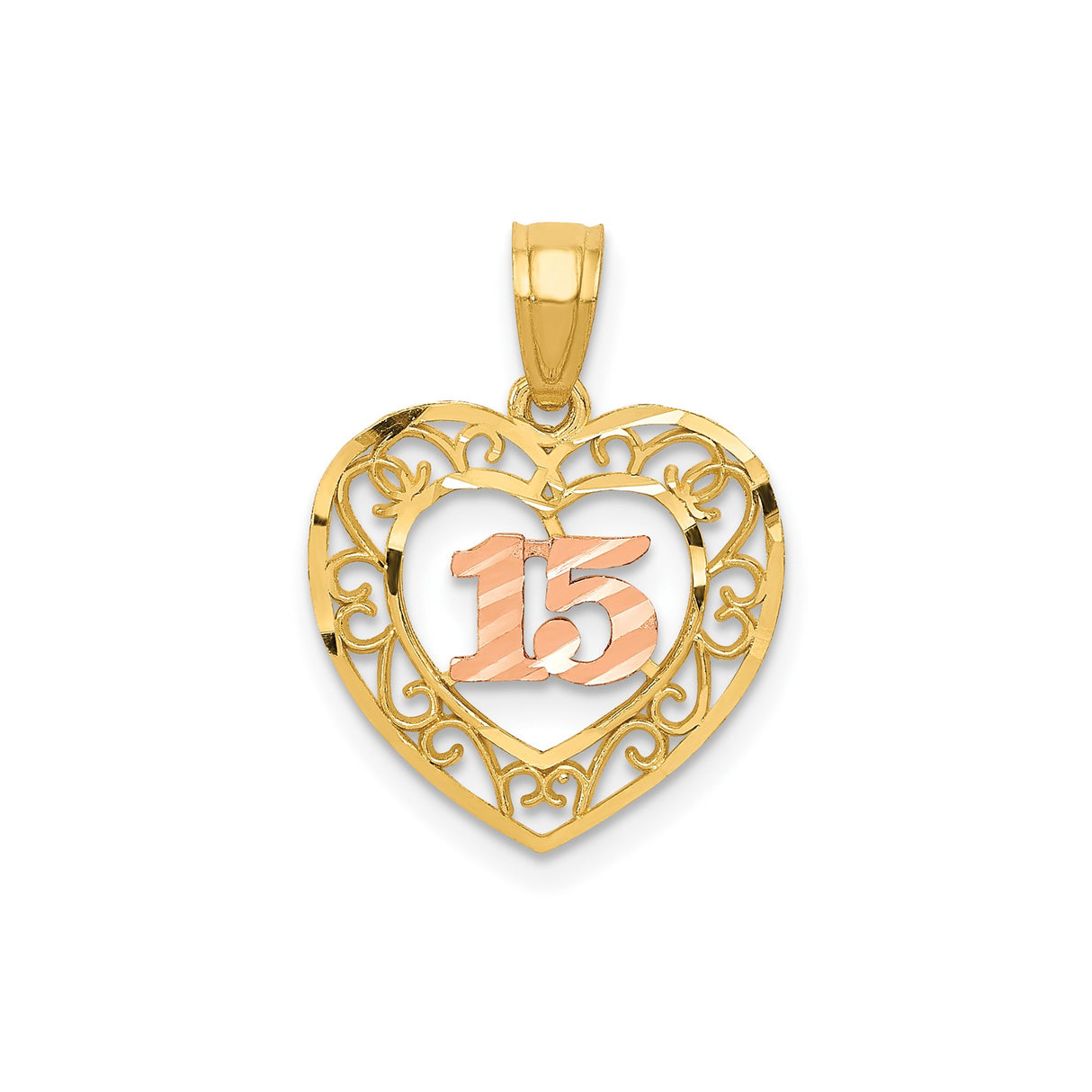 14k Two-Tone Gold Quinceañera Pendant with Rose Gold Number 15 and Filigree Heart