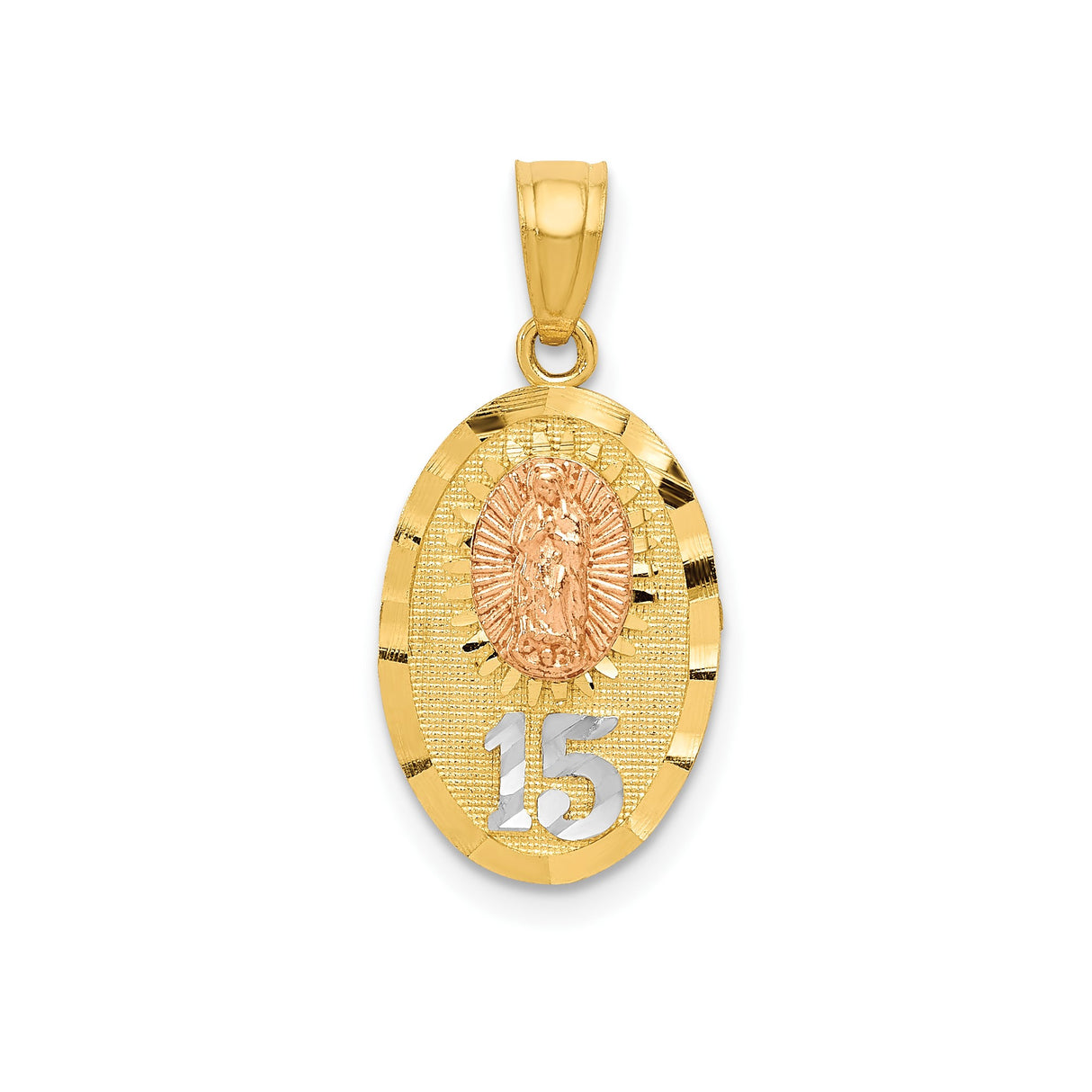 14k Two-Tone Gold Oval Pendant with Virgin of Guadalupe and Number 15 for Quinceañera