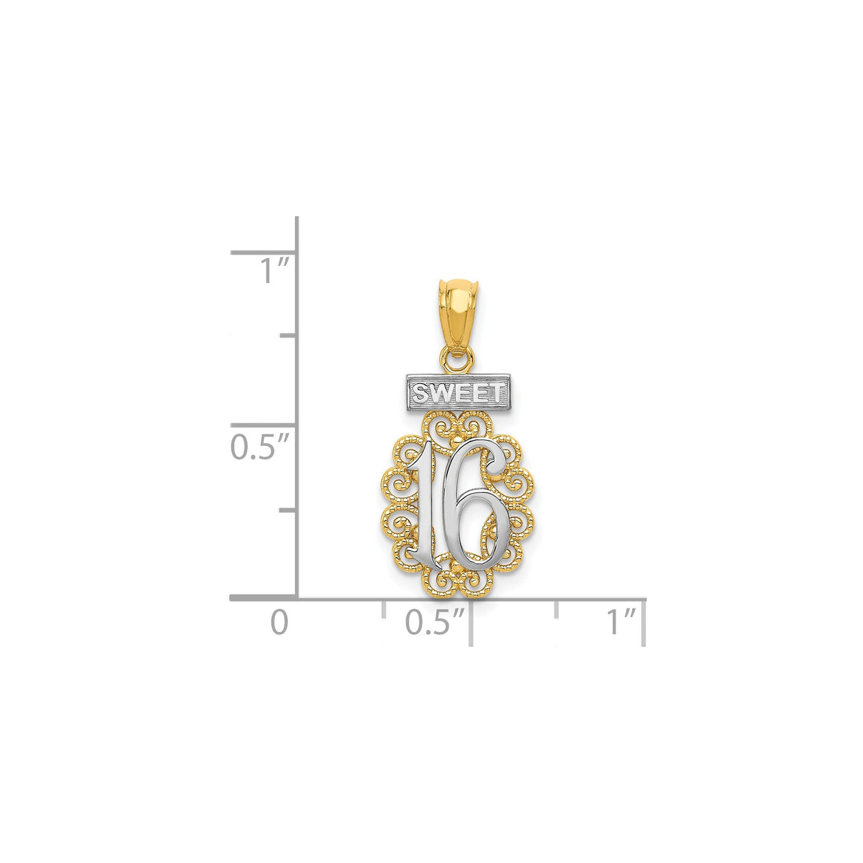 14k Yellow and Rhodium Gold Sweet 16 Pendant with Ornate Filigree Design