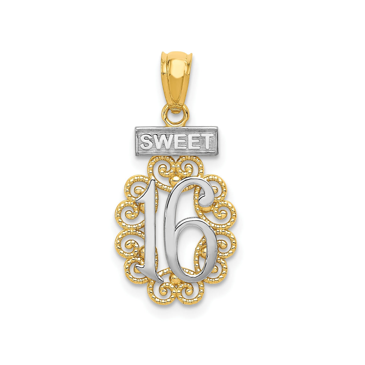 14k Yellow and Rhodium Gold Sweet 16 Pendant with Ornate Filigree Design