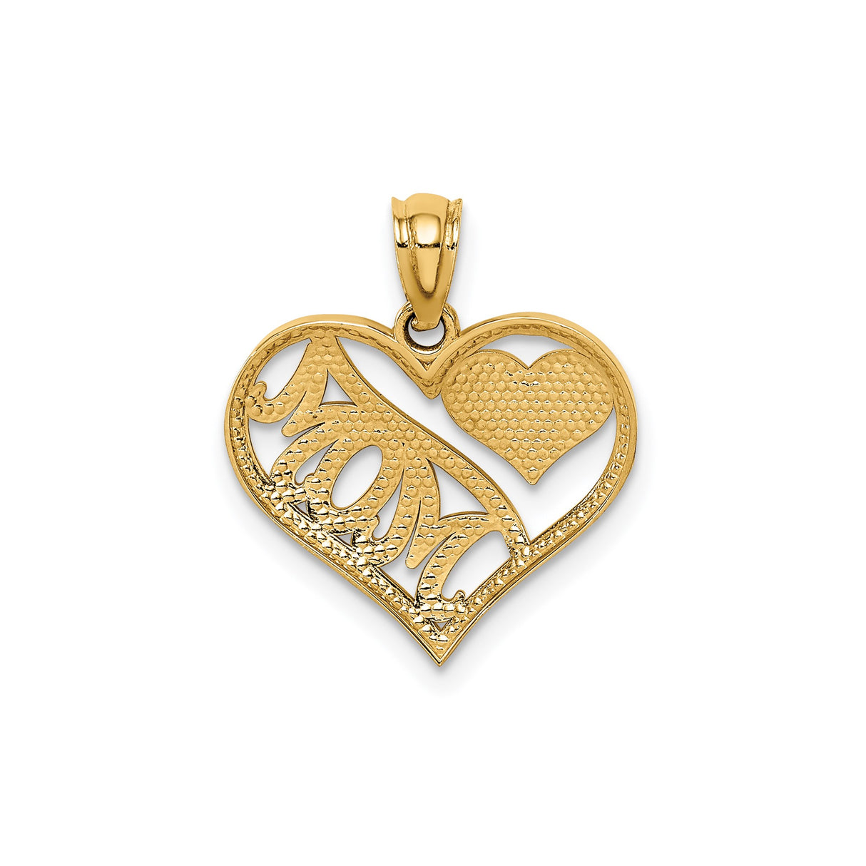 14k Yellow Gold Heart Shaped Mom Pendant with Textured Open Heart Design