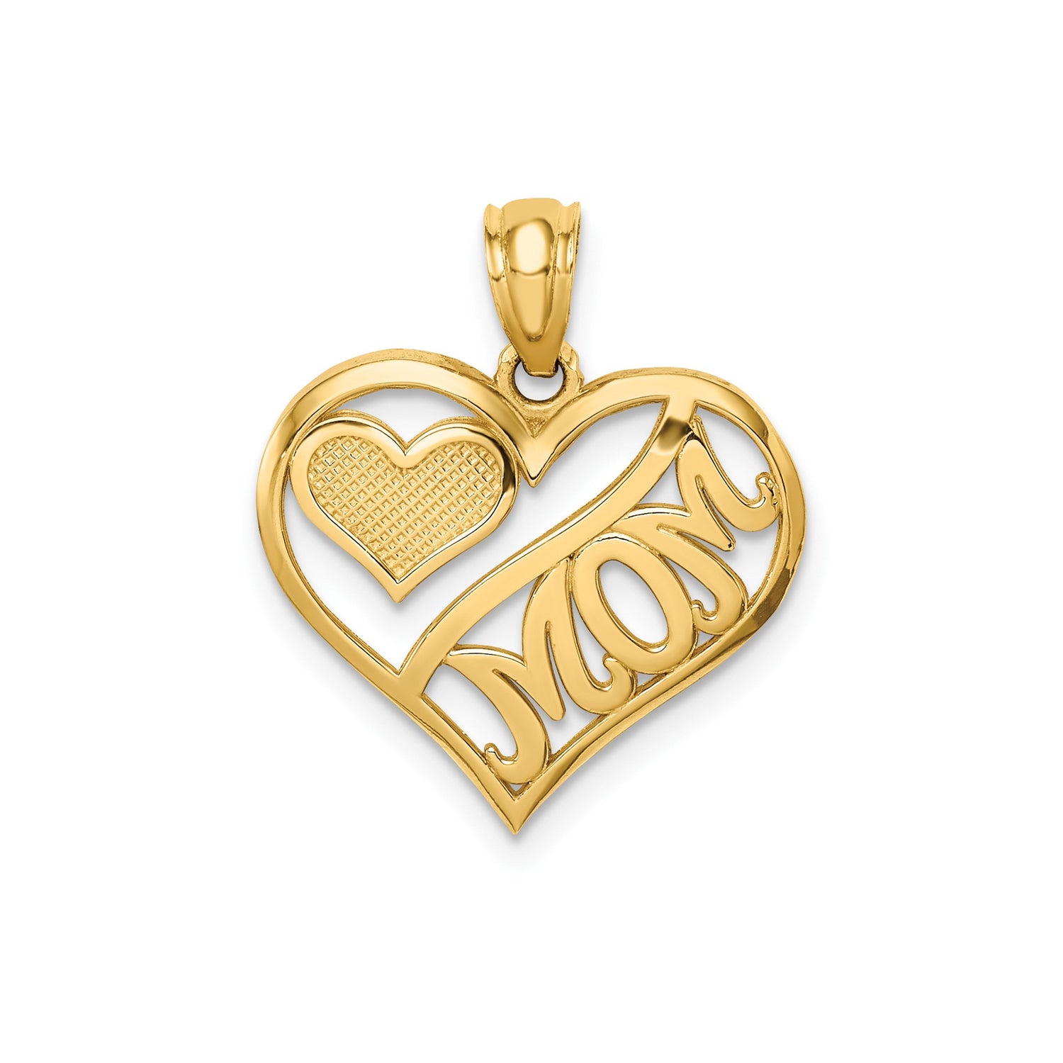 14k Yellow Gold Heart Shaped Mom Pendant with Textured Open Heart Design