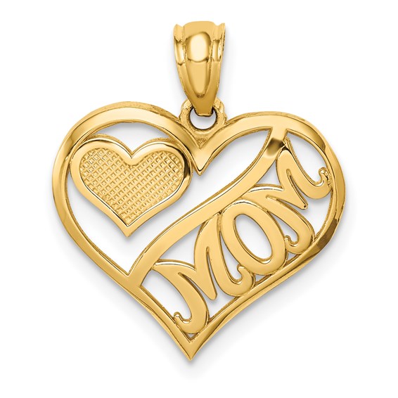 14k Yellow Gold Heart Shaped Mom Pendant with Textured Open Heart Design