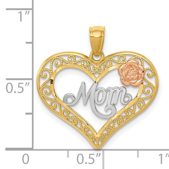 14k Two-Tone Gold Heart Pendant with Mom Script, Rose Accent, Filigree Design