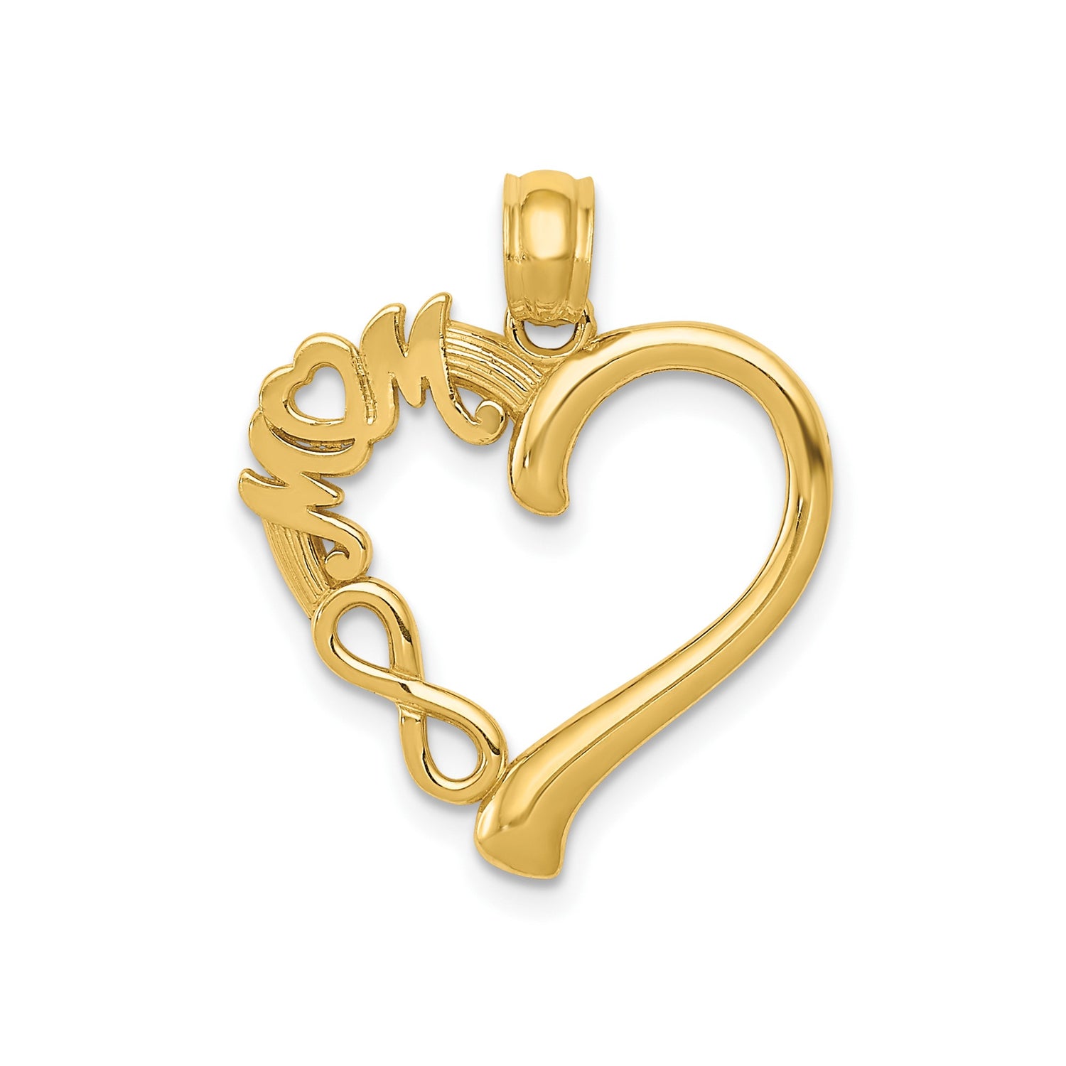 14k Yellow Gold Heart Pendant with Infinity Symbol and Mom Word