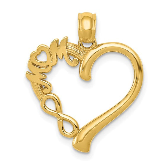 14k Yellow Gold Heart Pendant with Infinity Symbol and Mom Word