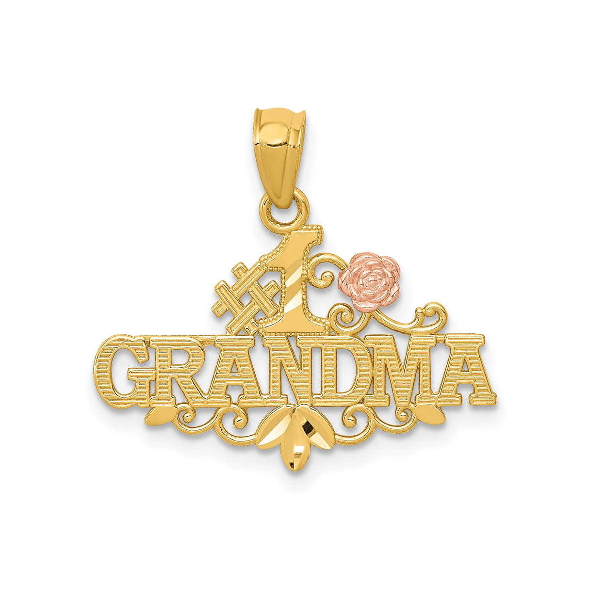14k Two-Tone Gold Pendant, Number One Grandma Design with Rose Accent and Scrollwork