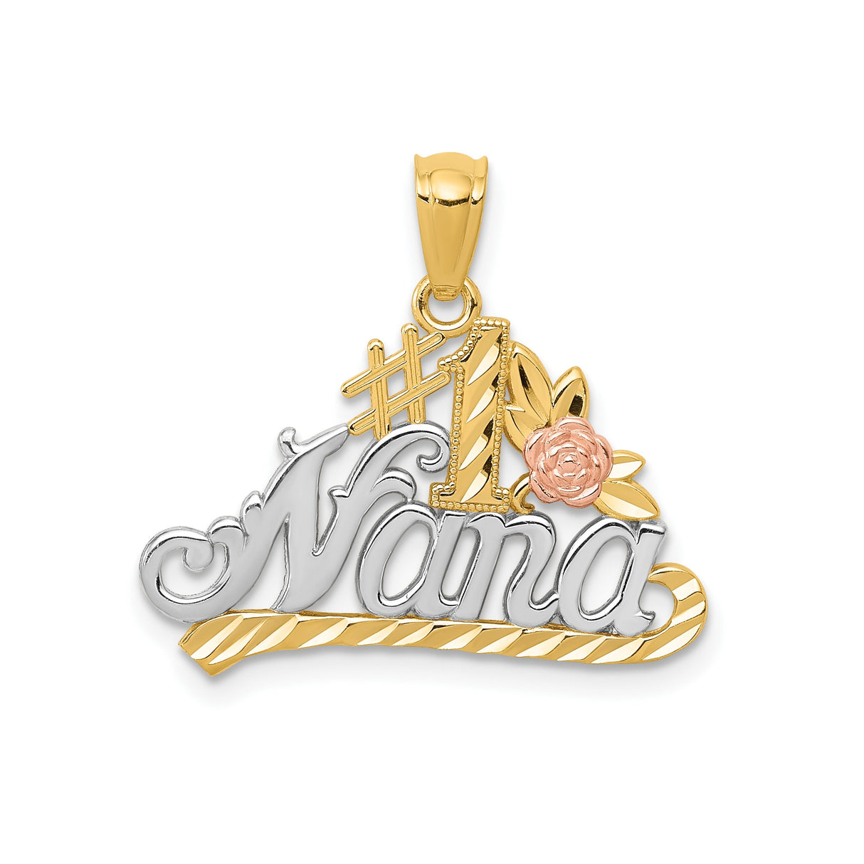 14k Multi-Tone Gold Nana Pendant with Pink Rose and Yellow Gold Leaf Accents