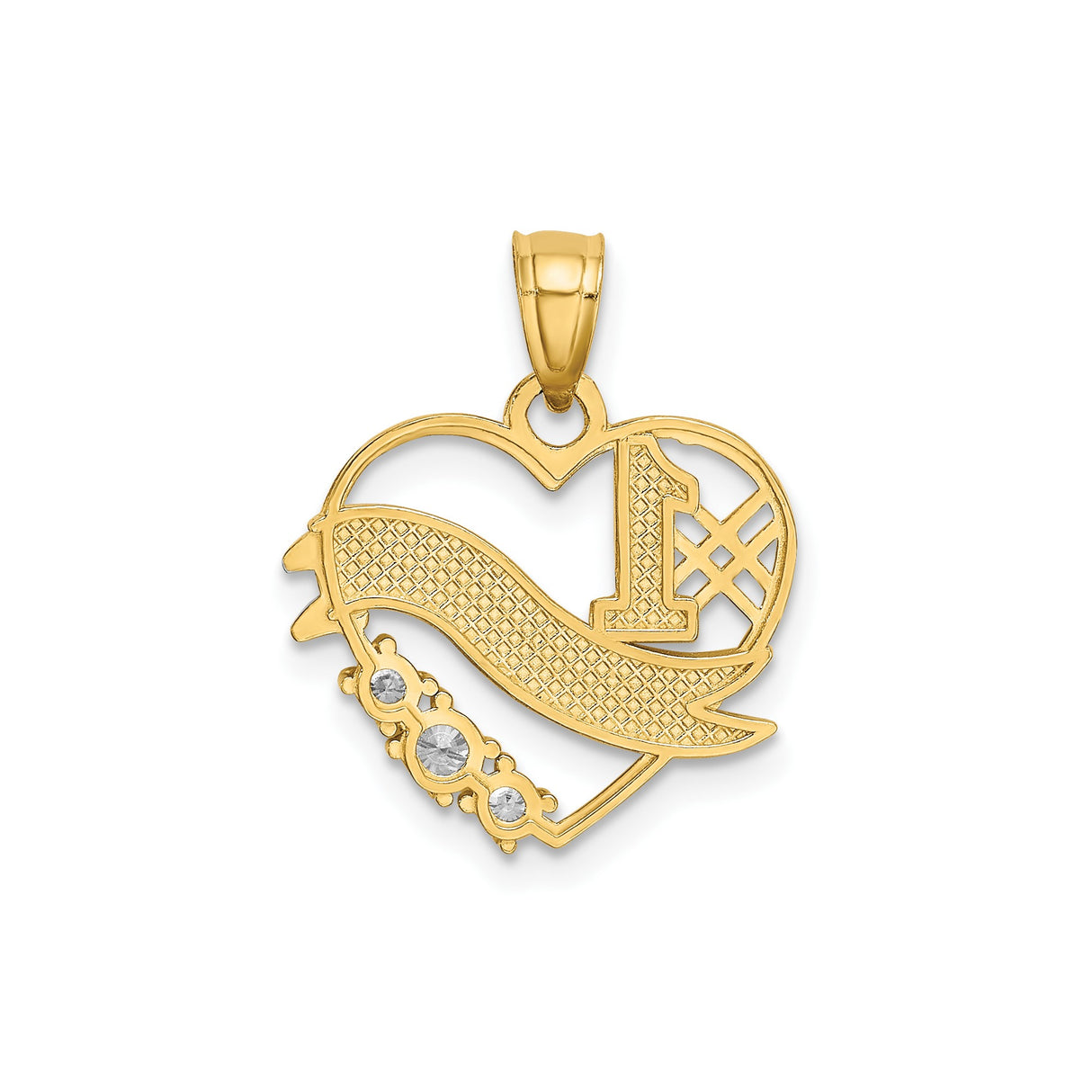 14k Multi-Tone Gold Open Heart Pendant with Cubic Zirconia, Number One Daughter Charm