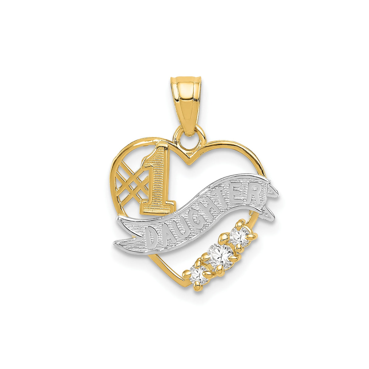 14k Multi-Tone Gold Open Heart Pendant with Cubic Zirconia, Number One Daughter Charm