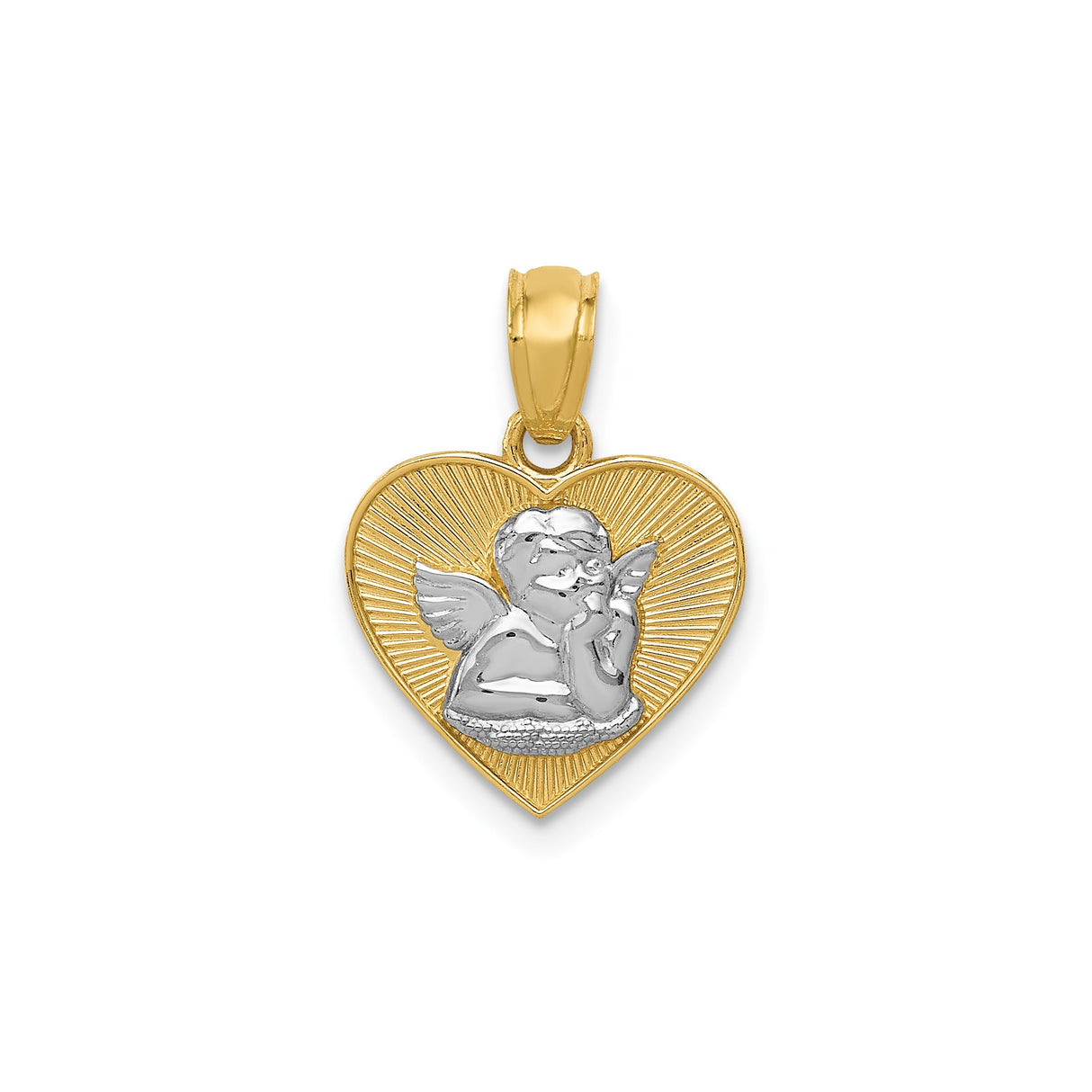 14k Multi-Tone Gold Heart Pendant with Cherub Angel Design, Christian Religious Jewelry