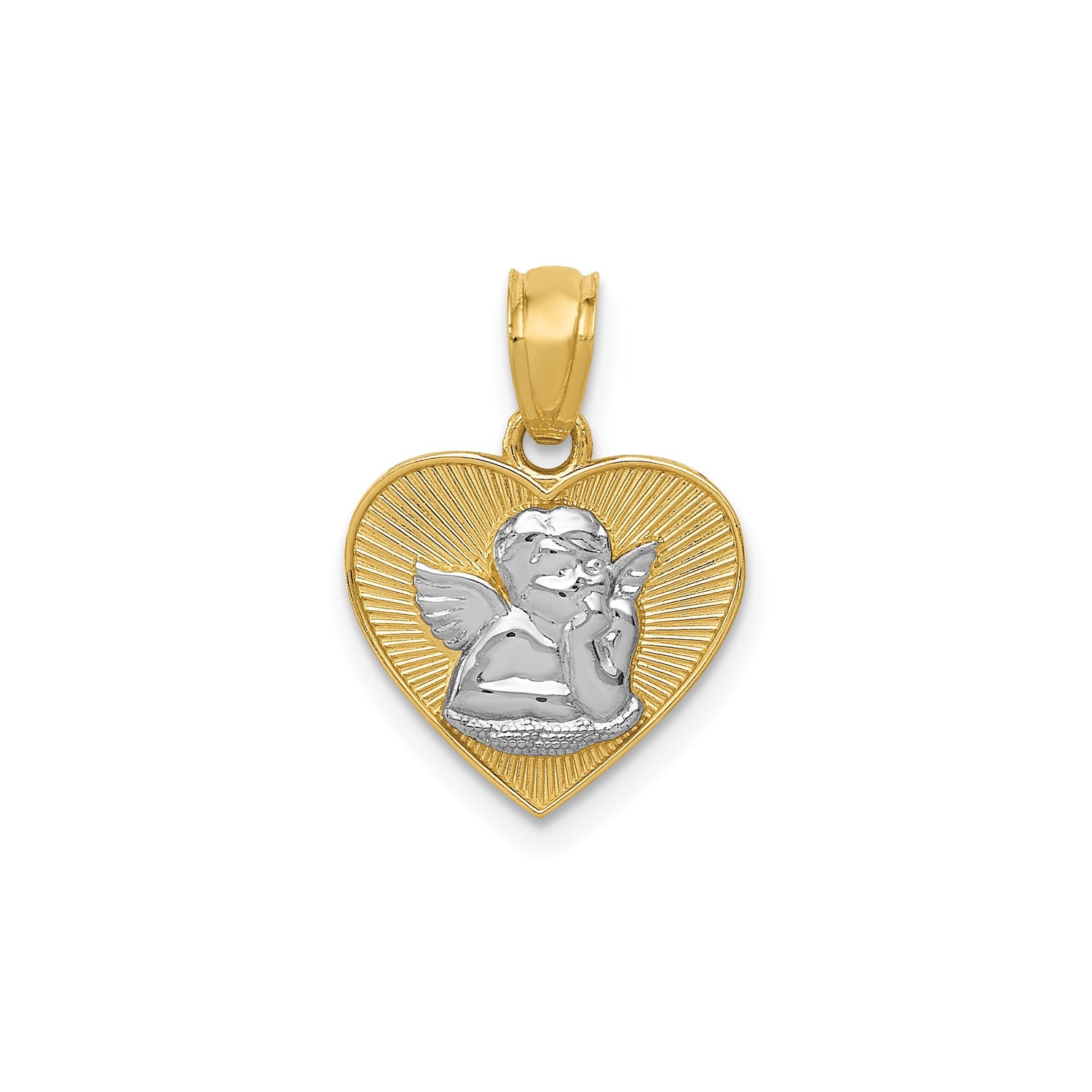 14k Multi-Tone Gold Heart Pendant with Cherub Angel Design, Christian Religious Jewelry