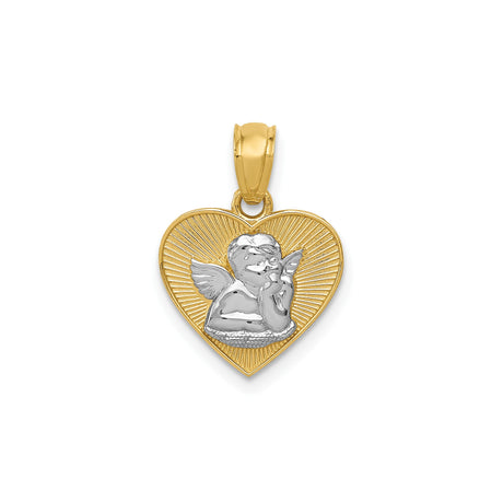 14k Multi-Tone Gold Heart Pendant with Cherub Angel Design, Christian Religious Jewelry