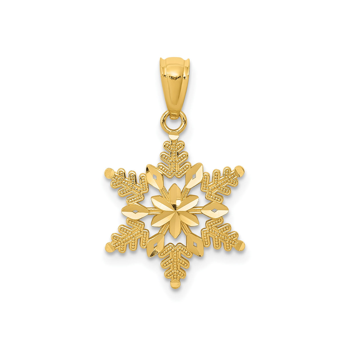 14k Yellow Gold Snowflake Pendant, Six-Pointed Symmetrical Design, Winter Charm for Women