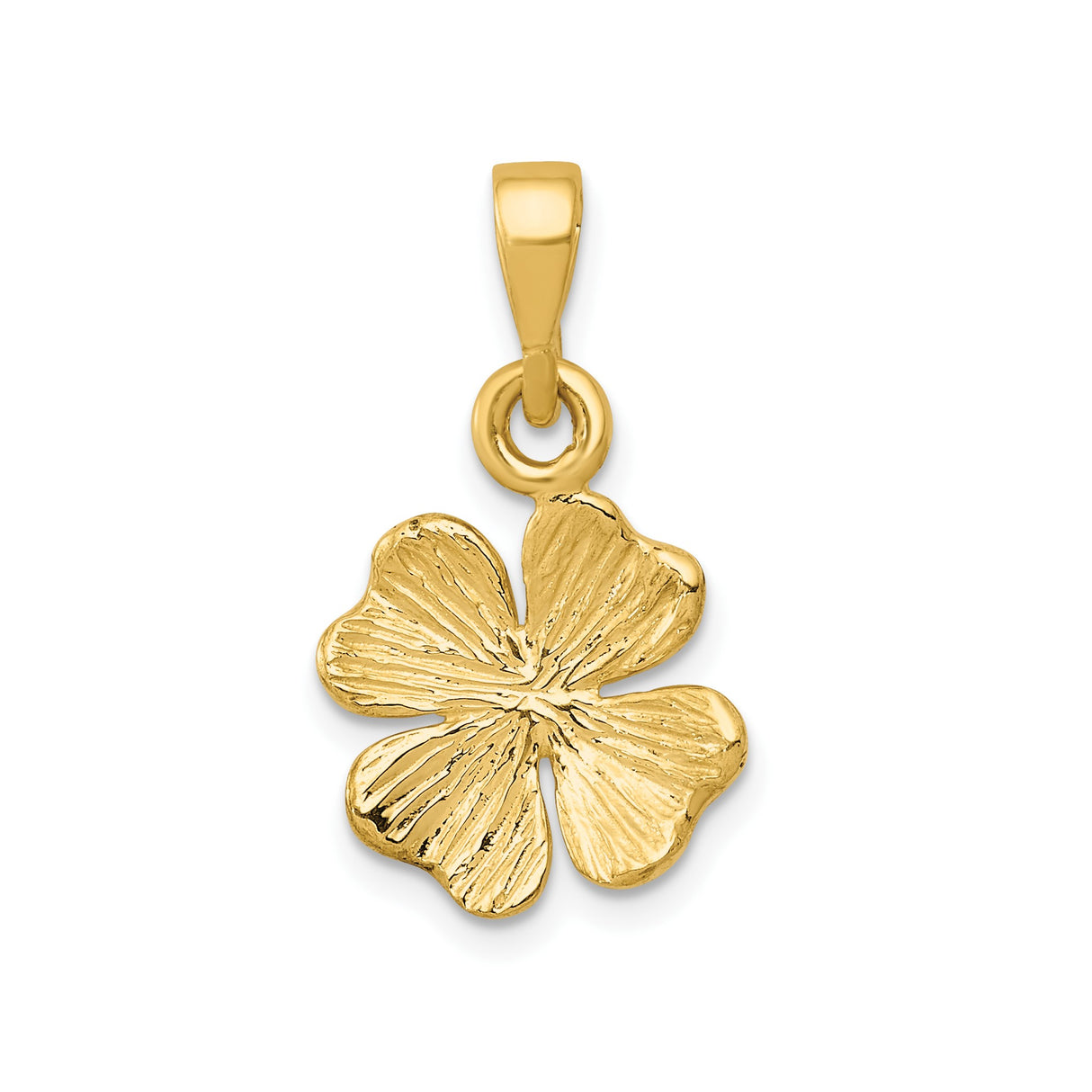 14k Yellow Gold Four Leaf Clover Pendant, Textured Petals, Irish Celtic Luck Charm