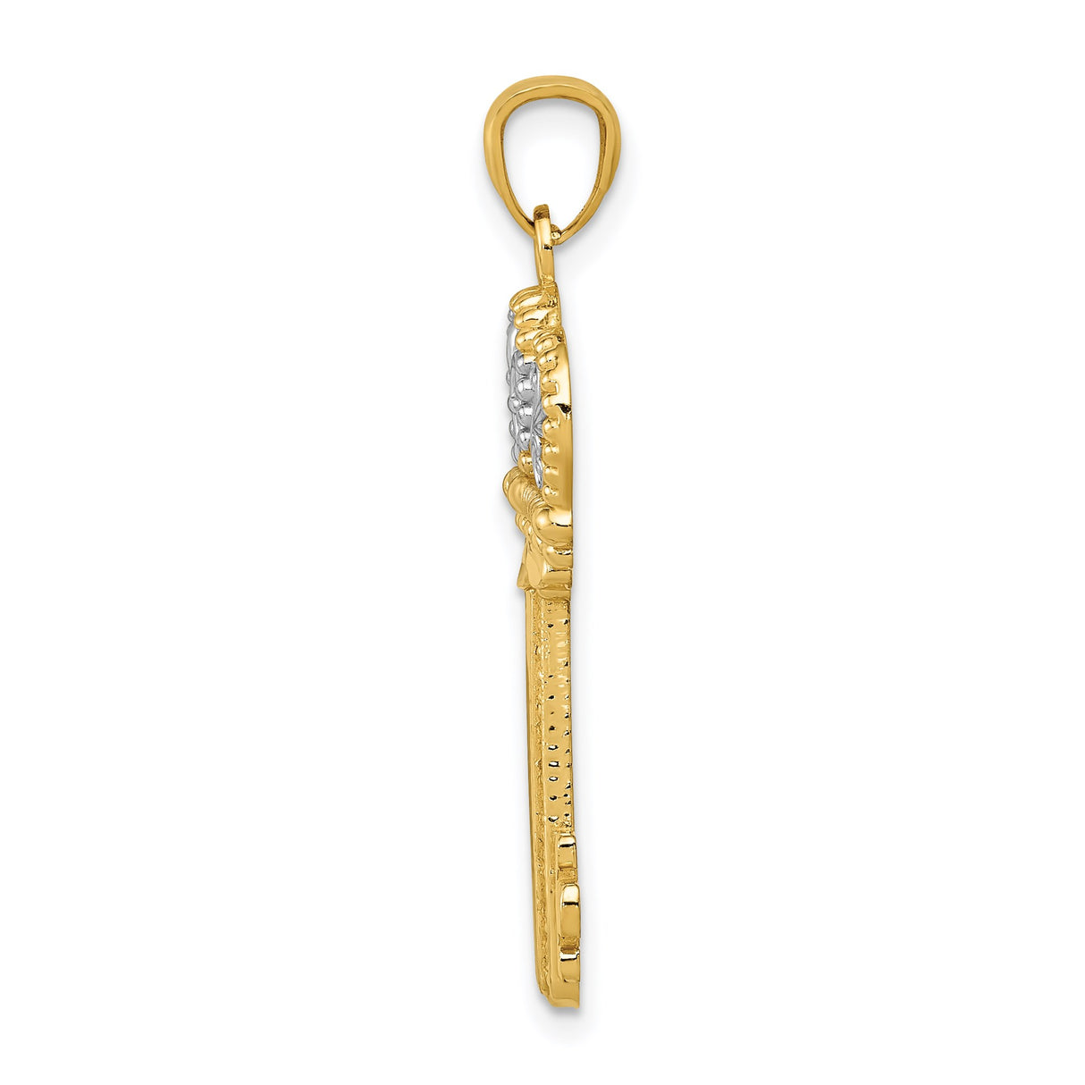 14k Yellow Gold and Rhodium Crown Key Pendant with Fleur-de-Lis Design