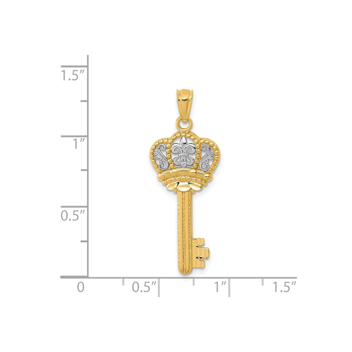 14k Yellow Gold and Rhodium Crown Key Pendant with Fleur-de-Lis Design