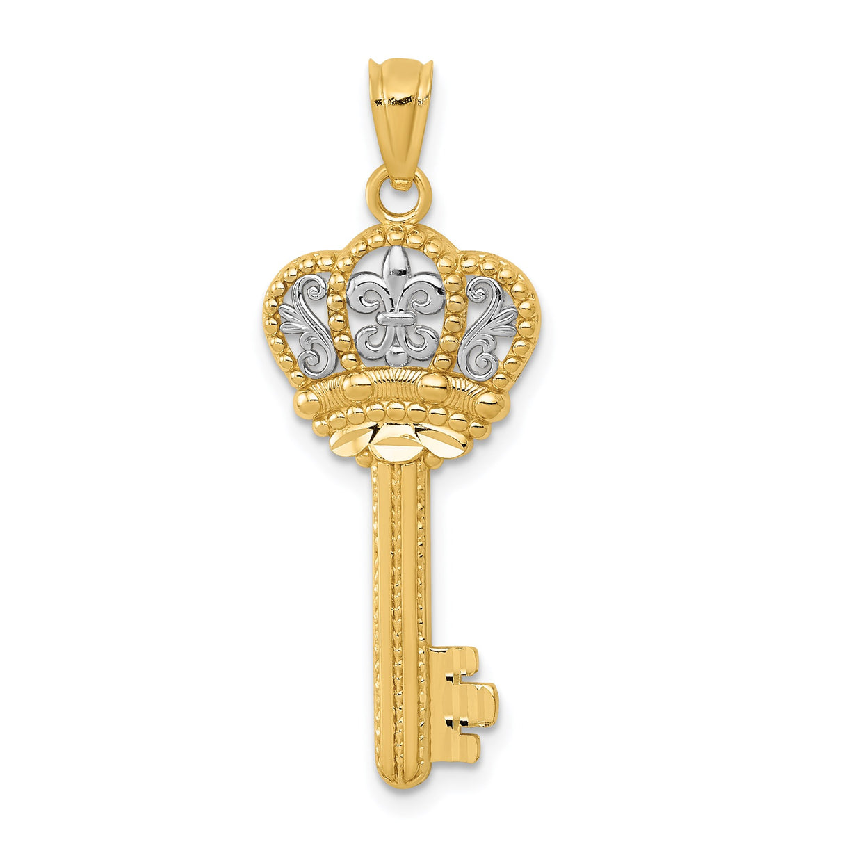 14k Yellow Gold and Rhodium Crown Key Pendant with Fleur-de-Lis Design