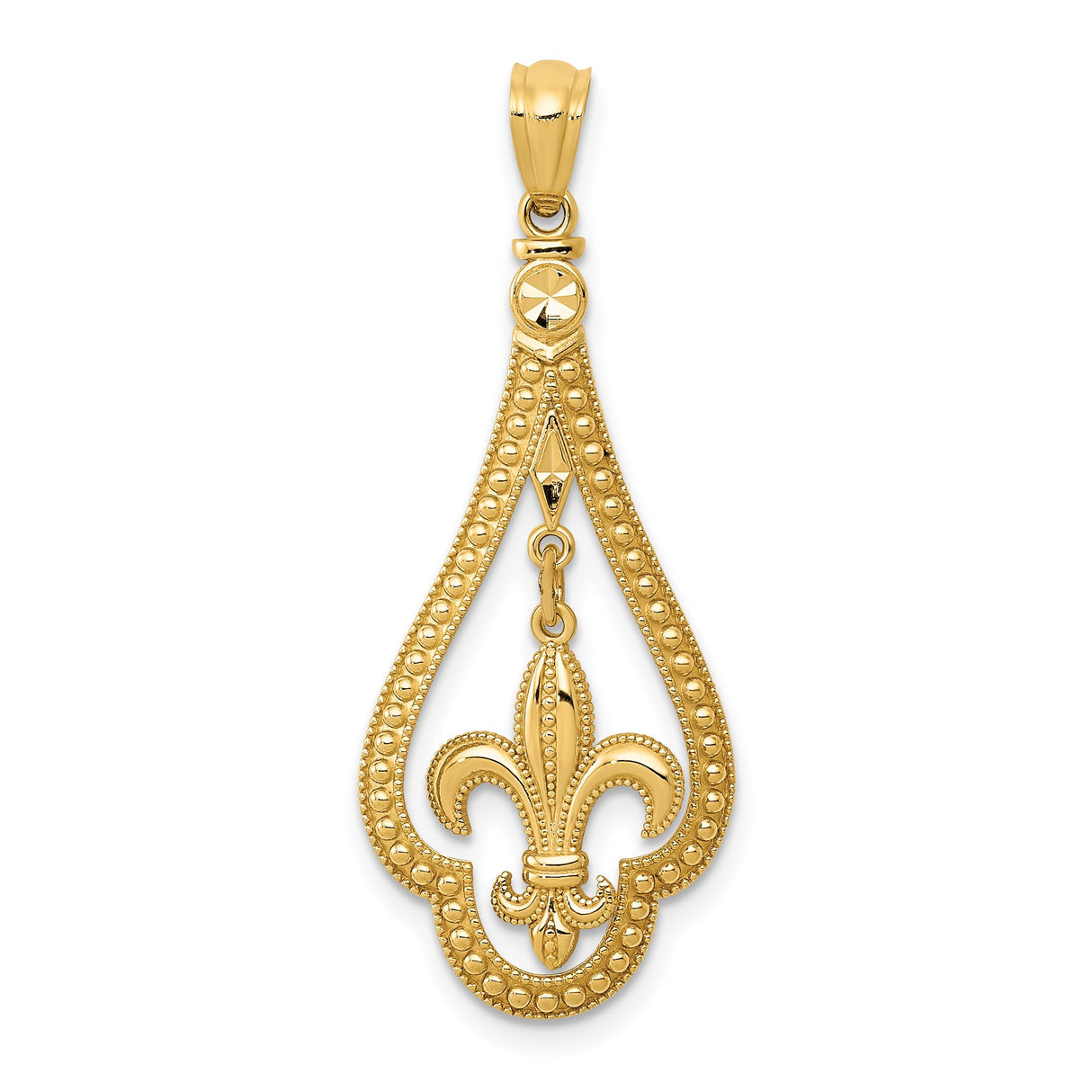 14k Yellow Gold Teardrop Fleur-de-Lis Pendant, Christian Symbol Charm, Vintage French Design