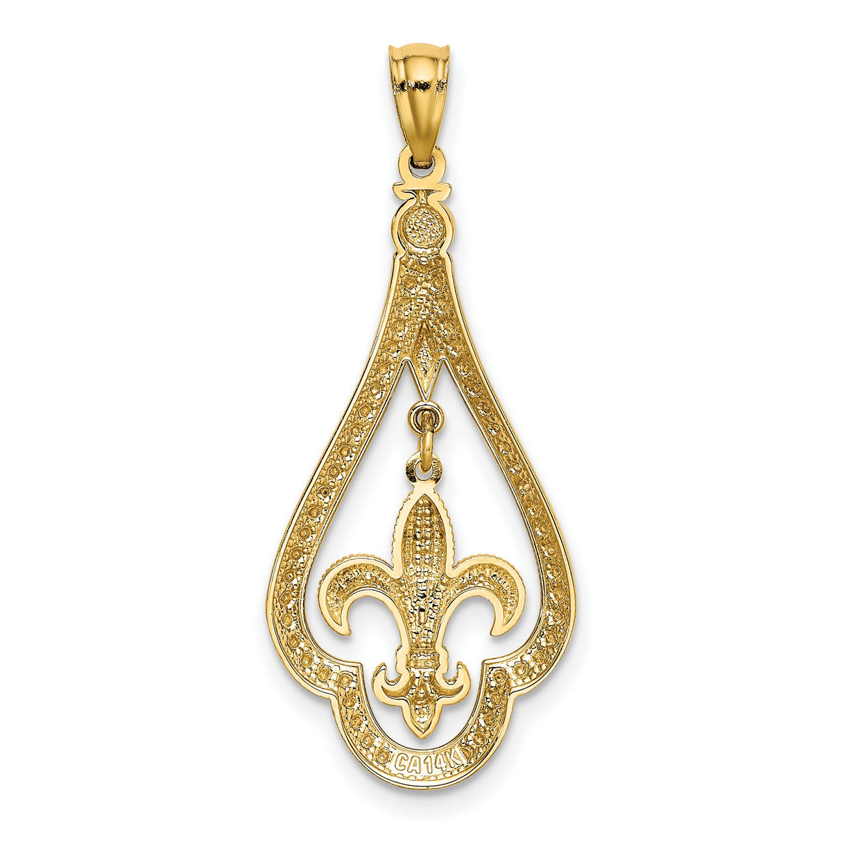 14k Yellow Gold Teardrop Fleur-de-Lis Pendant, Christian Symbol Charm, Vintage French Design