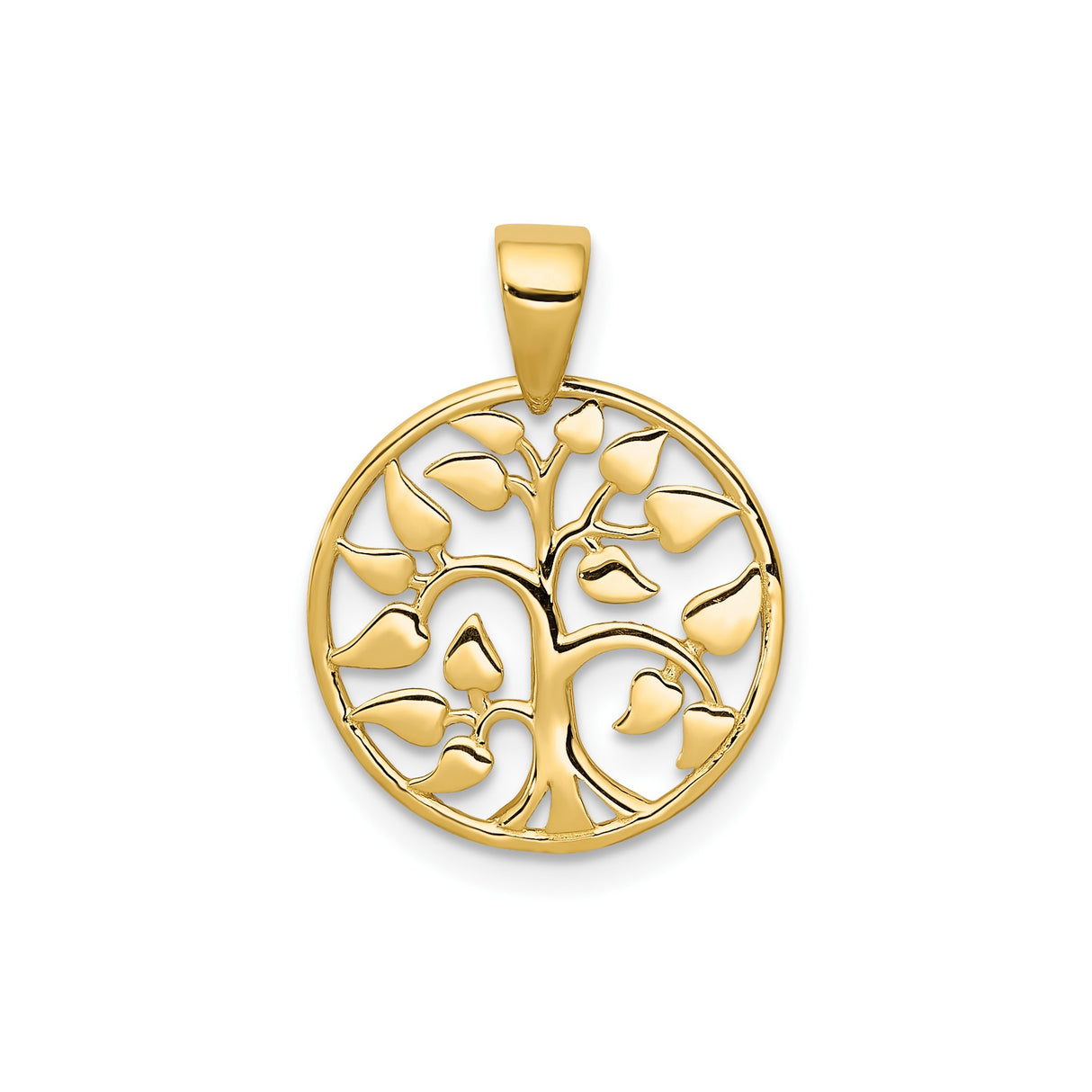 14k Yellow Gold Tree of Life Pendant with Openwork Round Design and Heart Leaves