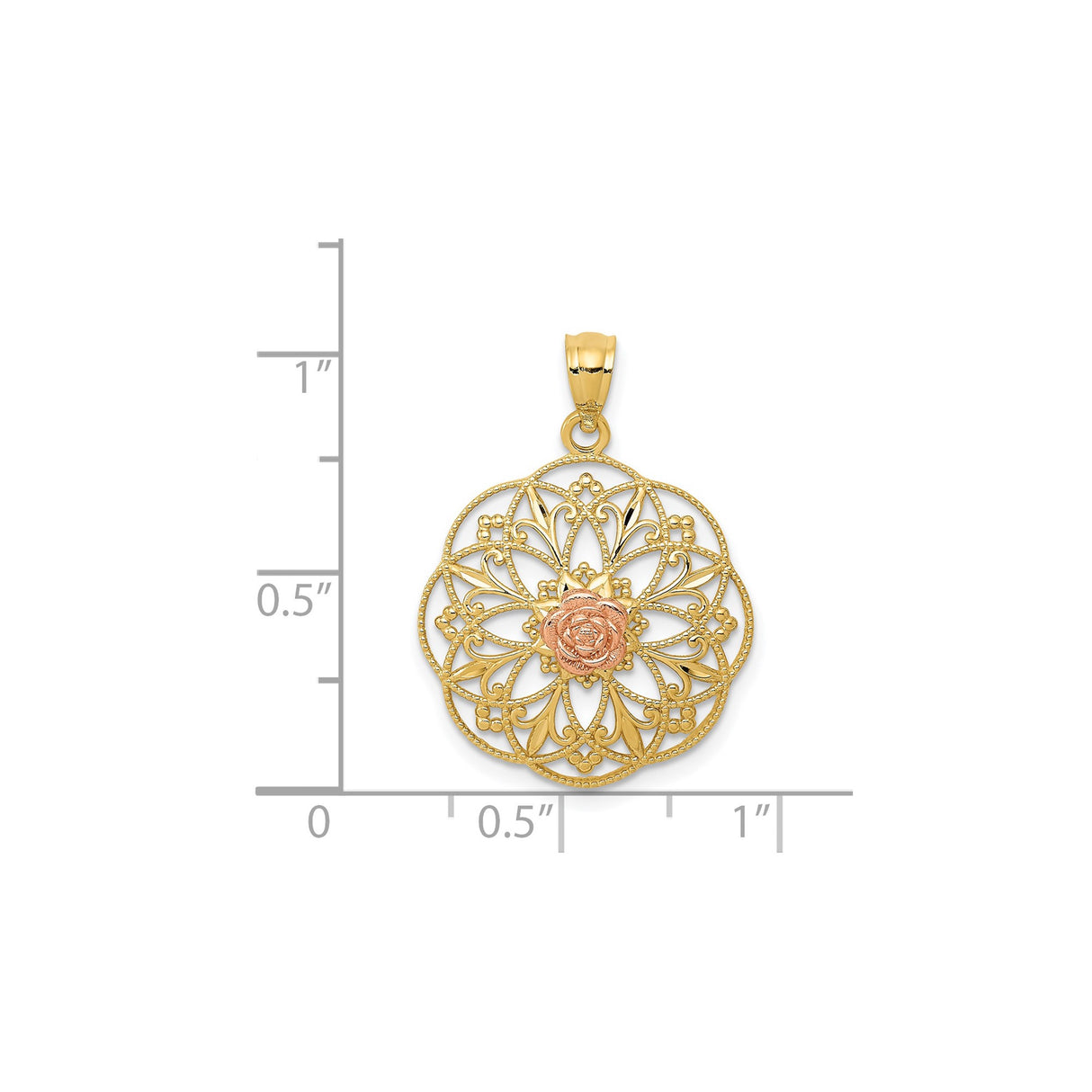 14k Two-Tone Gold Pendant with Filigree Floral Design and Rose Gold Rose Center