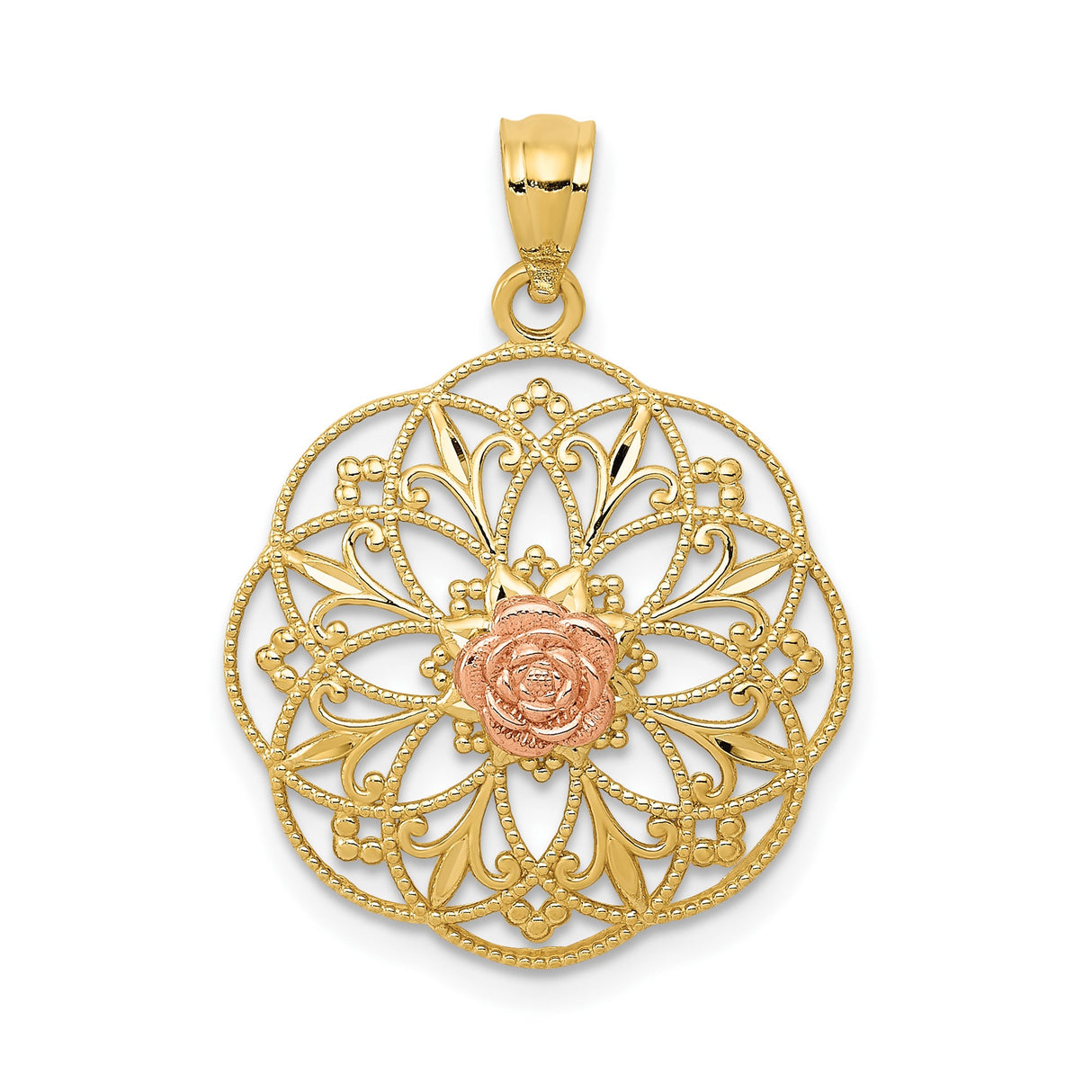 14k Two-Tone Gold Pendant with Filigree Floral Design and Rose Gold Rose Center