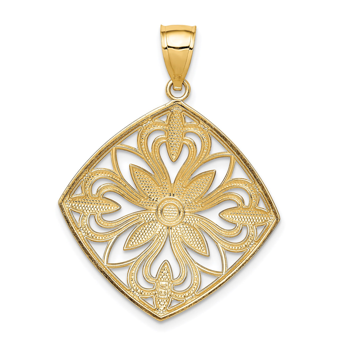 14k Multi-Tone Gold Floral Pendant with Diamond-Shaped Frame and Openwork Flower Motif