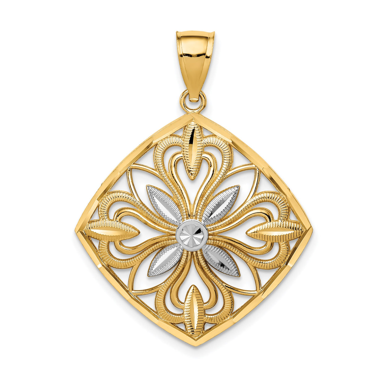 14k Multi-Tone Gold Floral Pendant with Diamond-Shaped Frame and Openwork Flower Motif