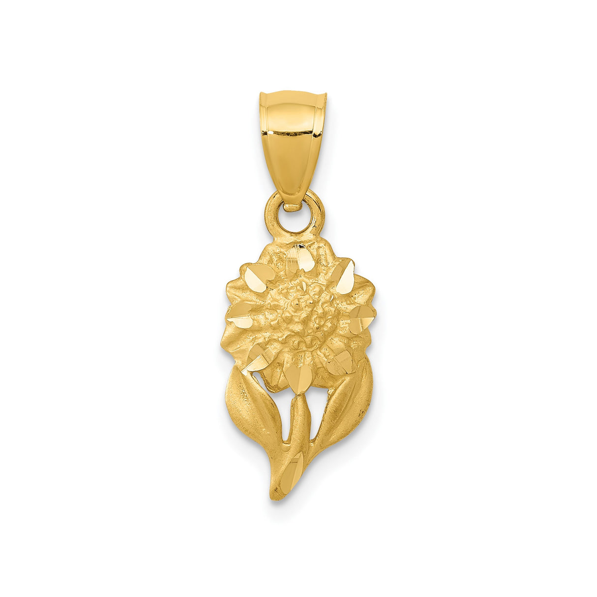 14k Yellow Gold Sunflower Pendant with Leaf Detail and Satin Finish, Nature-Inspired Charm for Women