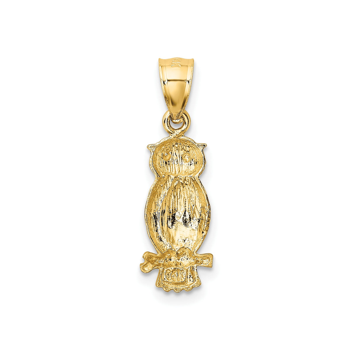 14k Yellow Gold Owl Pendant with Textured Design on Tree Branch, Symbol of Wisdom and Knowledge