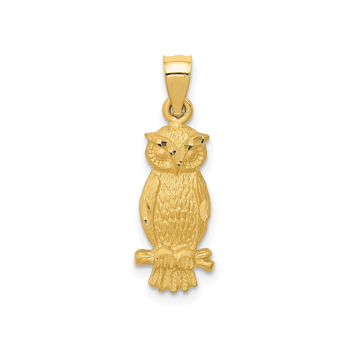 14k Yellow Gold Owl Pendant with Textured Design on Tree Branch, Symbol of Wisdom and Knowledge