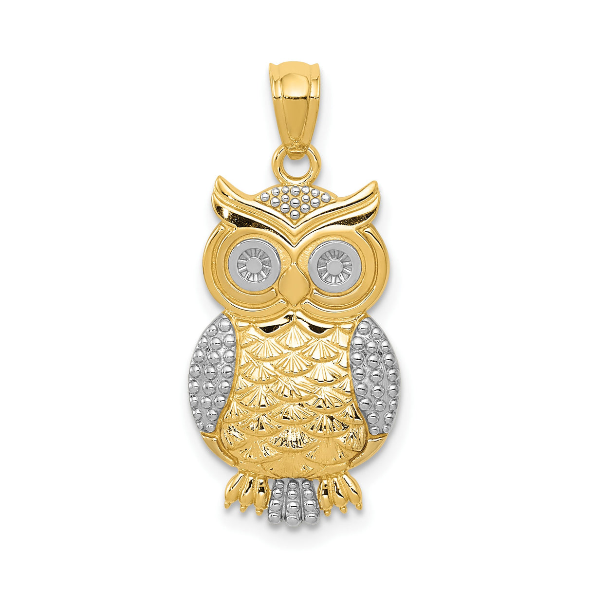 14k Multi-Tone Gold Owl Pendant with Textured Detailing and High Polish Finish for Women