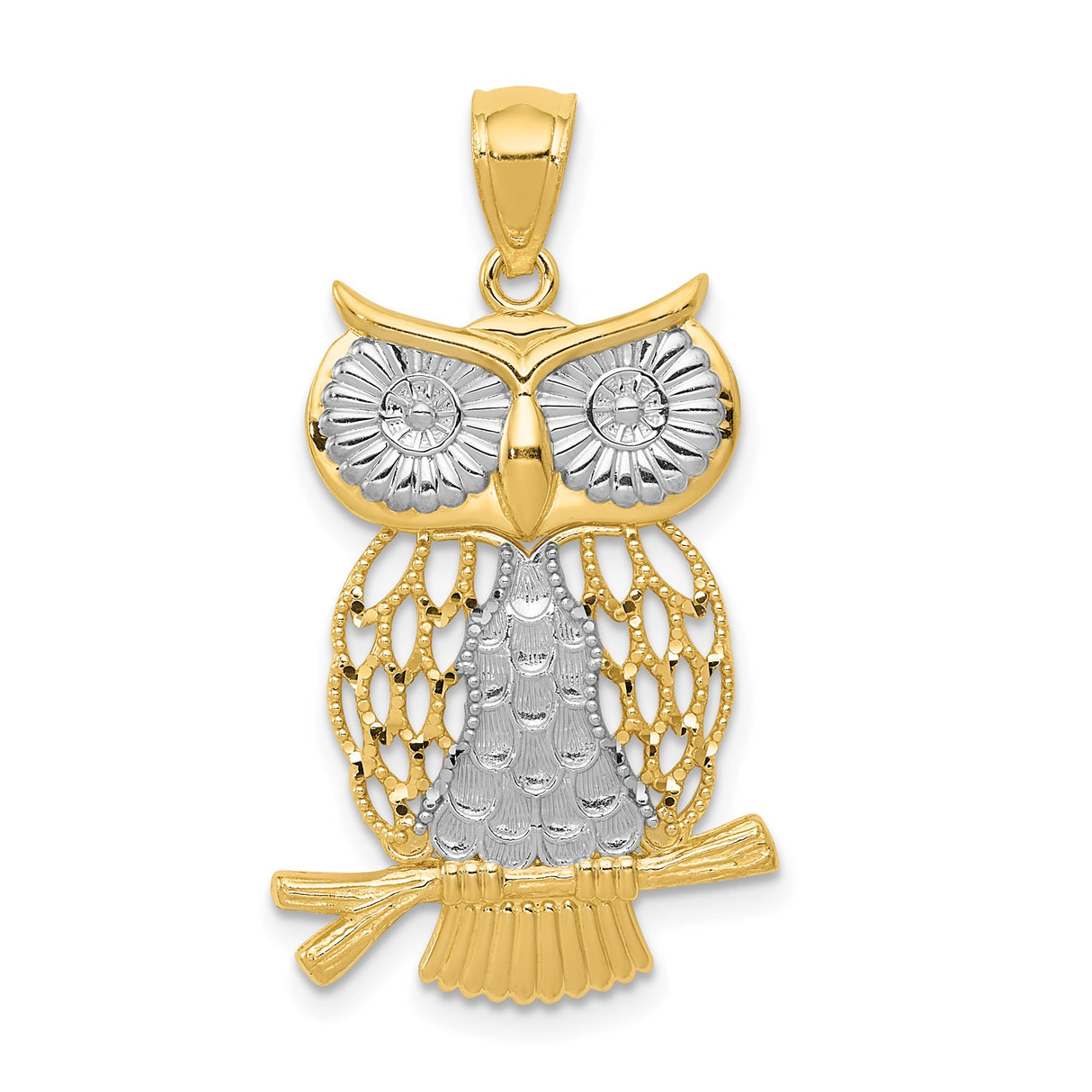 14k Multi-Tone Gold Owl Pendant, Two-Tone Bird Charm with Perched Design