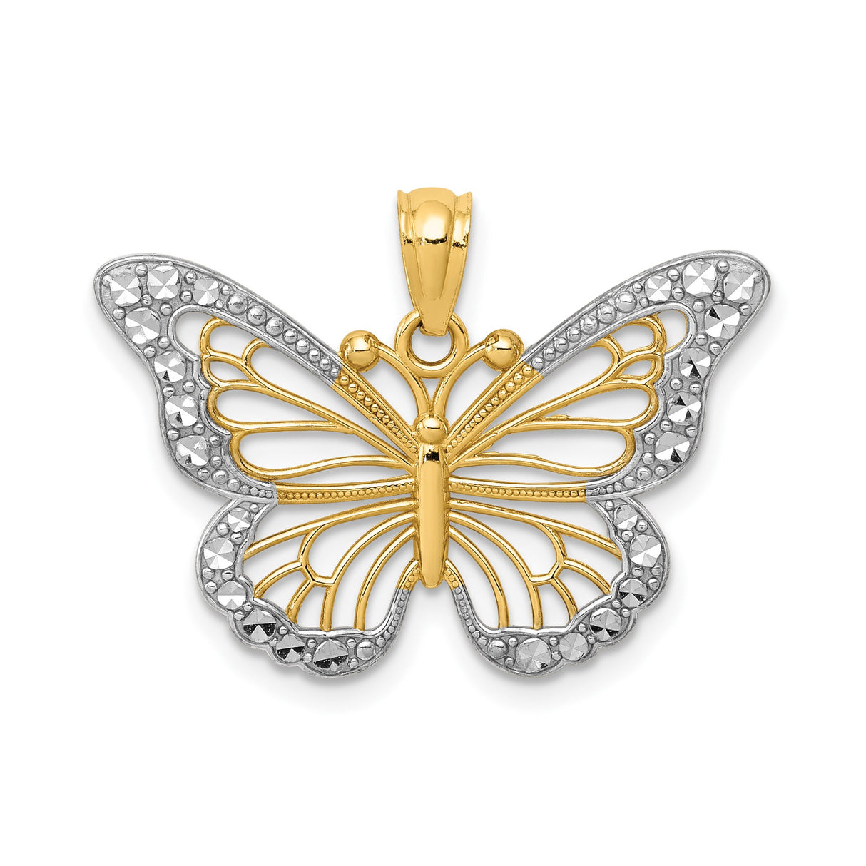 14k Multi-Tone Gold Butterfly Pendant with Openwork Filigree and Diamond-Cut Accents