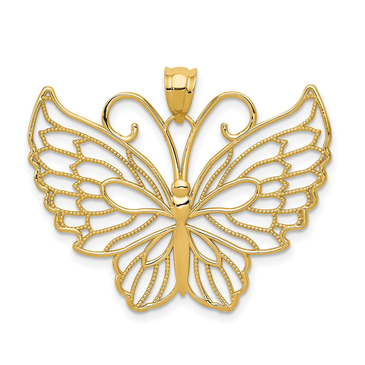 14k Yellow Gold Butterfly Pendant with Intricate Filigree Wings, Polished Finish