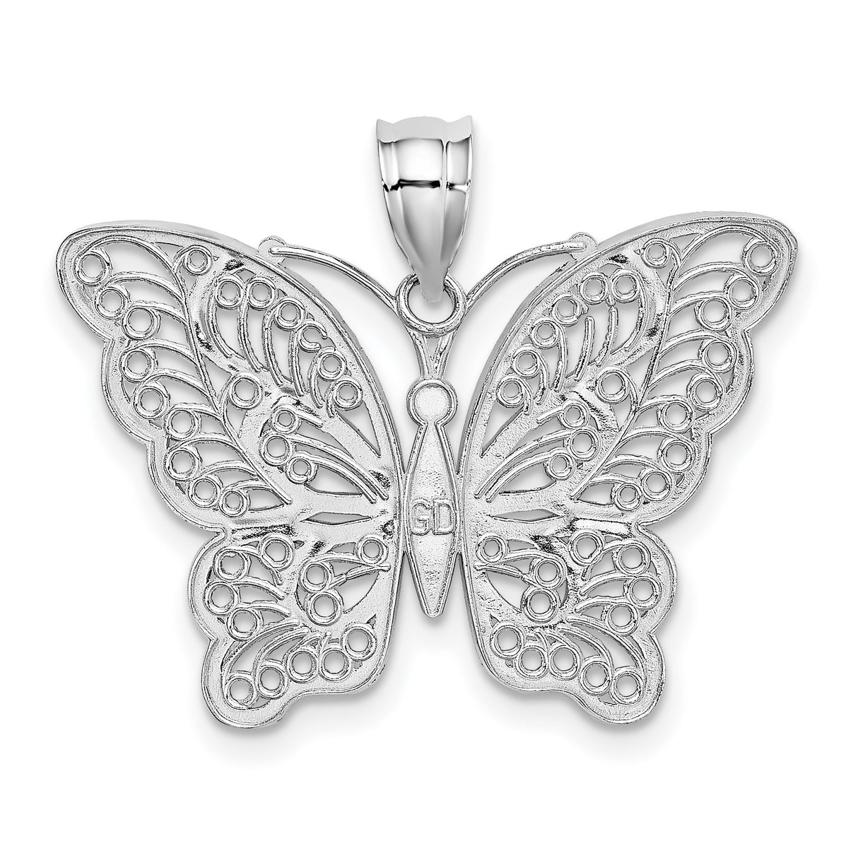 14k White Gold and Yellow Gold Butterfly Pendant with Filigree and Diamond Cut Accents