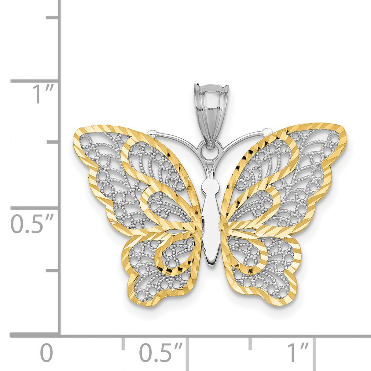 14k White Gold and Yellow Gold Butterfly Pendant with Filigree and Diamond Cut Accents