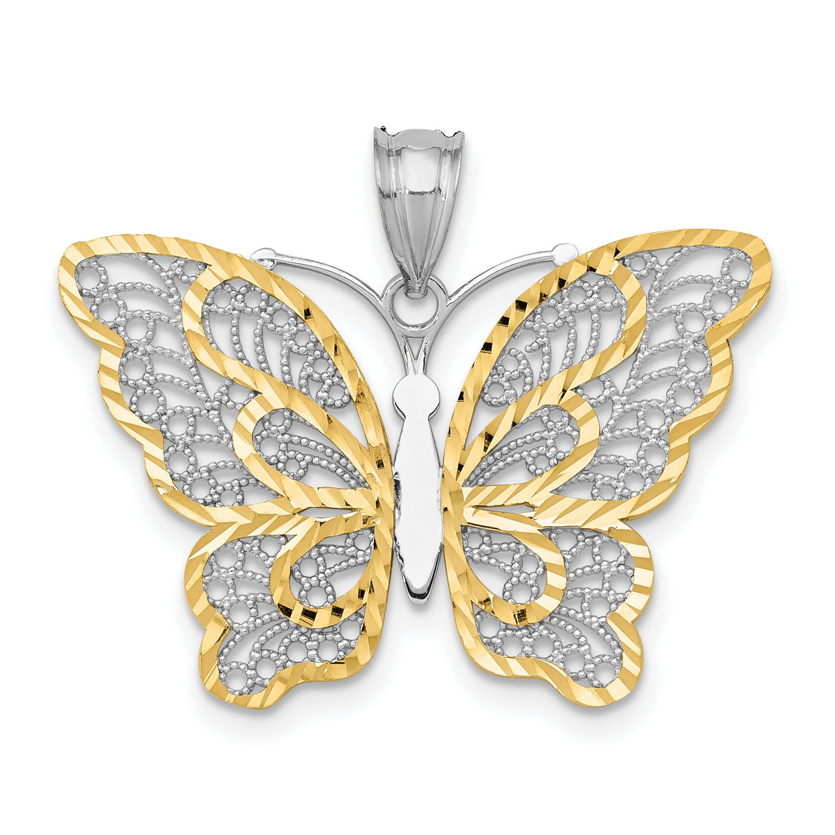 14k White Gold and Yellow Gold Butterfly Pendant with Filigree and Diamond Cut Accents