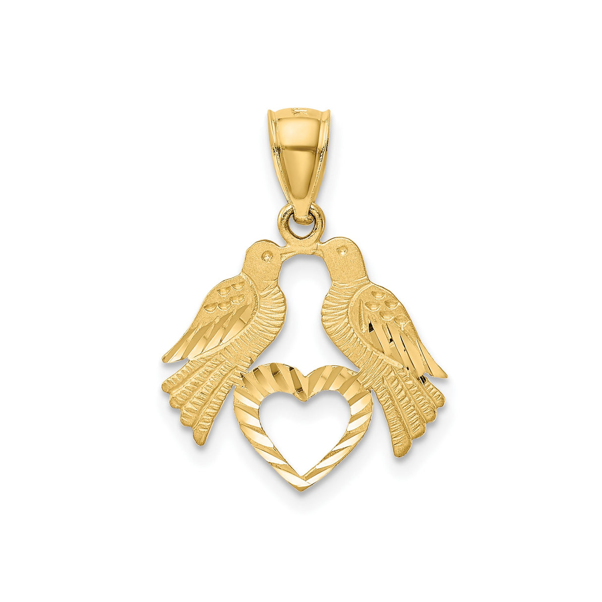 14k Yellow Gold Lovebird Heart Pendant, Two Birds Kissing Symbol of Unity