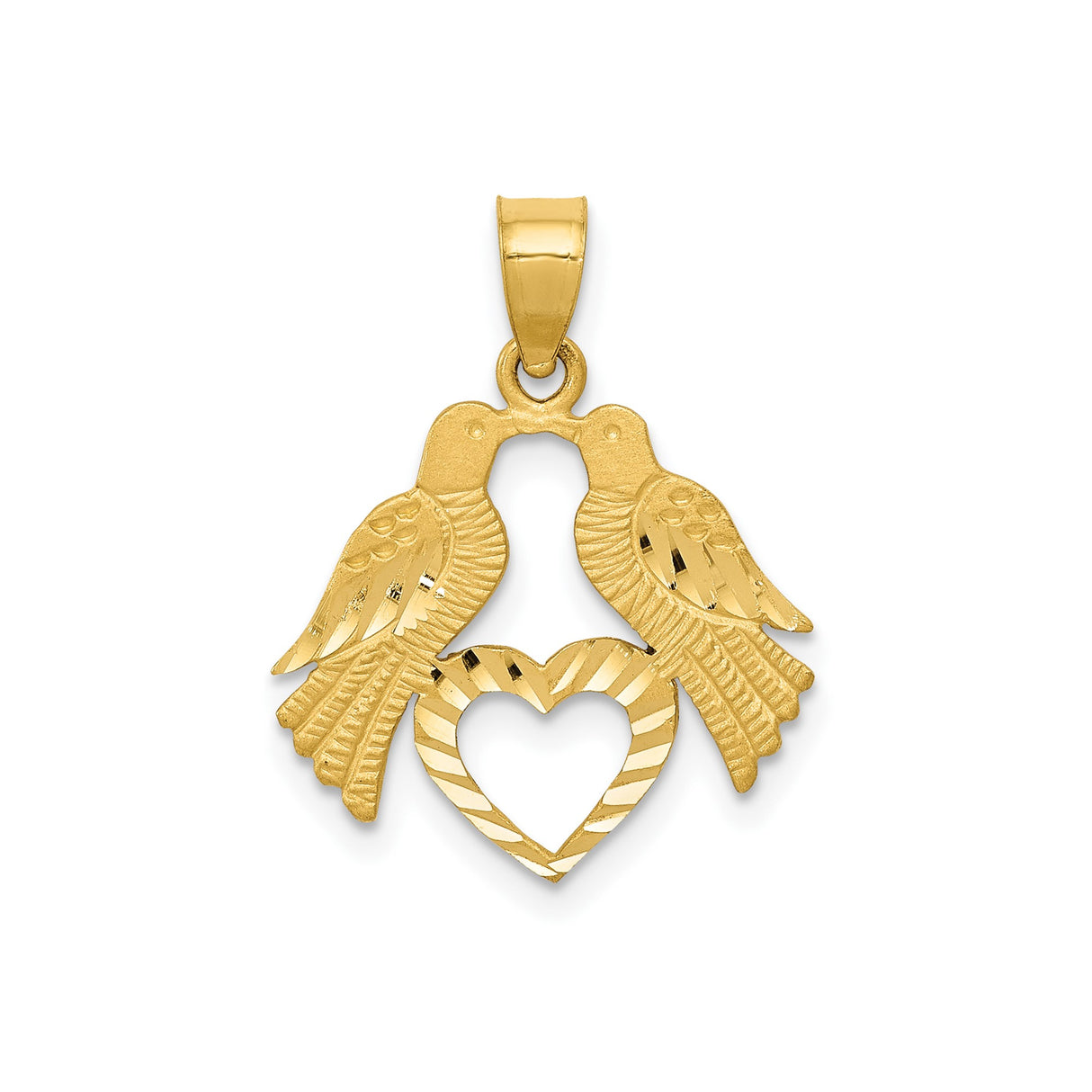 14k Yellow Gold Lovebird Heart Pendant, Two Birds Kissing Symbol of Unity