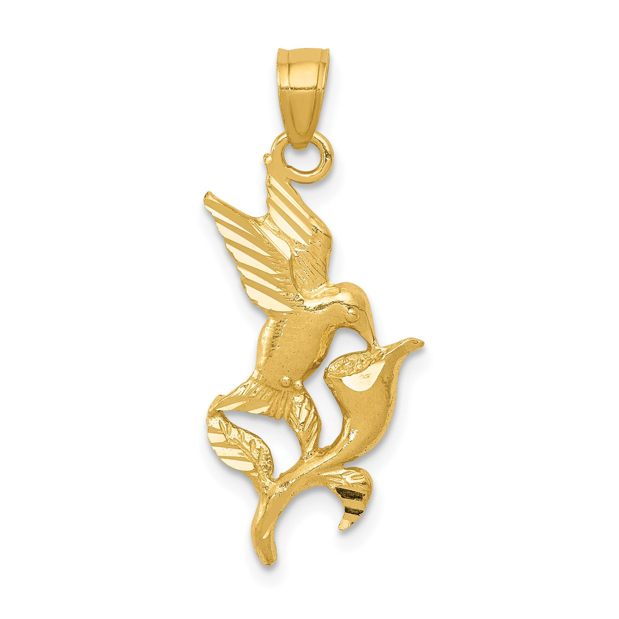 14k Yellow Gold Hummingbird Pendant with Flower Detail, Symbolic Nature Charm for Women