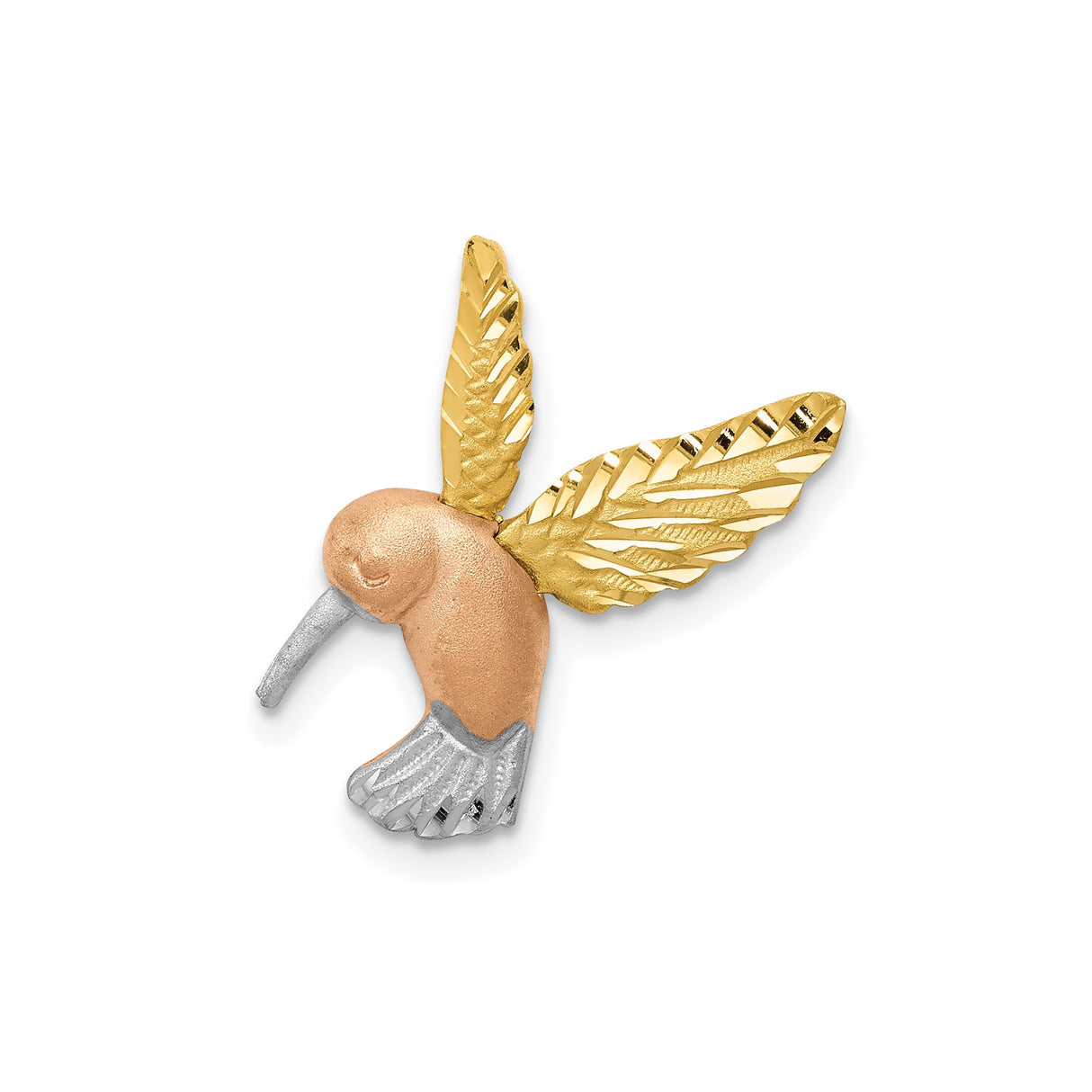 14k Two Tone Gold Hummingbird Pendant with Yellow, White, and Rose Accents, Nature Bird Charm for Women